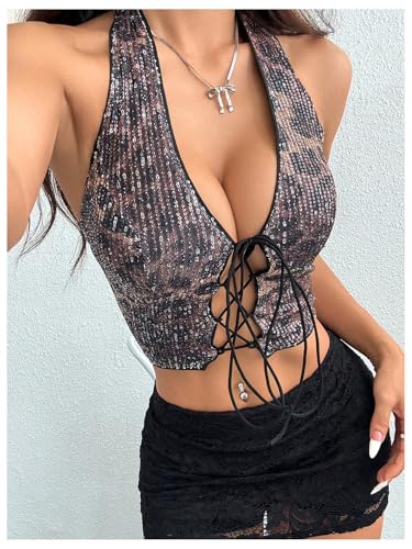 MakeMeChic Women's Leopard Print Halter Crop Tops Sequin Sparkly Lace Up Club Tank Top2