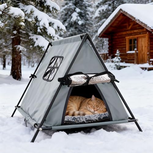 Casa para gatos al aire libre impermeable y refugio elevado con cojín de invierno 4