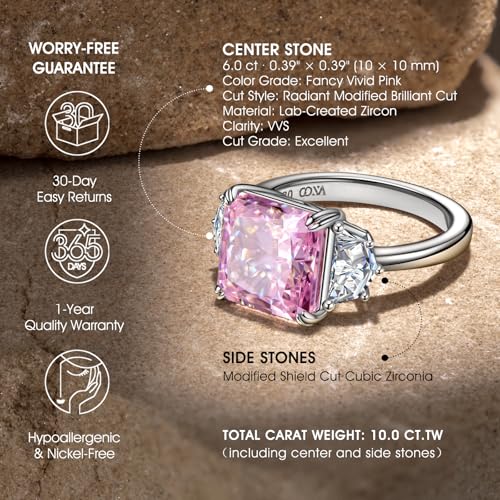GONA 6CT Pink Diamond Ring for Women, VVS Brilliant Cut 10x10MM Three Stone Ice Gemstone, Tarnish-Resistant Silver Setting Elegant Engagement, Anniversary, Wedding and Promise Jewelry Gift3