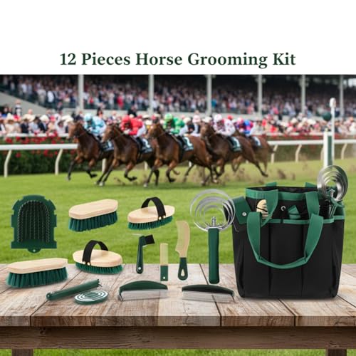 Abbylike 12 Piece Horse Grooming Kit with Organizer Tote Bag Brush Sets for Derby Day Show Horses Professional Tools for Care & Massage(Khaki and Green) - Image 4