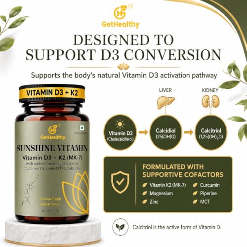 Image of GetHealthy Sunshine Vitamin Premium Vegan Vitamin D3 K2 MK7 Tablets | Lichen D3 600 IU + MK-7 55 mcg with Zinc, Curcumin, Piperine, Magnesium & MCT | Bone, Heart & Immune Support | Lab Tested | 120 Day Supply