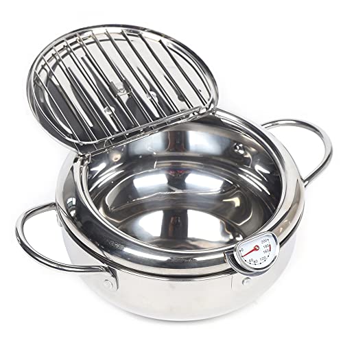 GXFCHYL Deep Fryer Pot Tempura Deep Frying Pot 304 Stainless Steel Fried Food Pot 2.2L Japanese Deep Fryer Pot with Temperature Gauge& Oil Draining Rack for Fried Chicken, Shrimp, French Chips