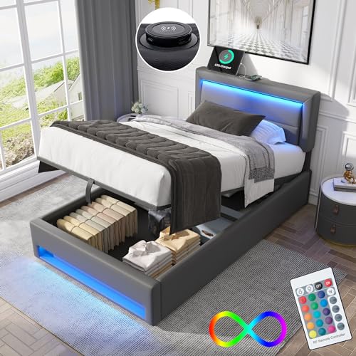 Bett 90x190 mit LED und USB(Unterstützt Kabelloses), Polsterbett 90x190cm mit Kopfteil und Stauraum, Einzelbett mit Lattenrost, Stauraumbett Jugendbett Modernes Bettgestell aus PU, Grau Bett 90x190 mit LED und USB(Unterstützt Kabelloses), Polsterbett 90x190cm mit Kopfteil und Stauraum, Einzelbett mit Lattenrost, Stauraumbett Jugendbett Modernes Bettgestell aus PU, Grau