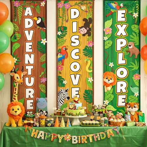 Image of Chiisong 6 Pieces Camper Party Decorations Adventure Discover Explore Porch Signs Camping Hanging Backdrops for Indoor Outdoor Home Bar Birthday Photo Props Door Wall Party Decor Supplies