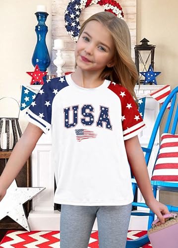 Image of CAZYCHILD Girls 4th of July USA Shirt American Flag Patriotic T-Shirt Independence Day Outfit for Kids 5-14Years