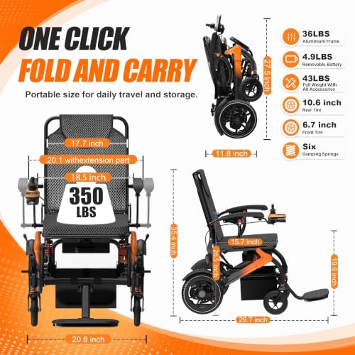 Image of Lightweight Electric Wheelchair for Adults, Orange,15 MI