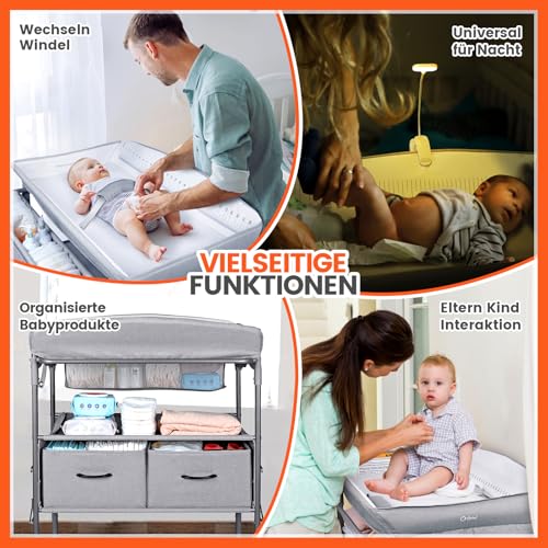 Orzbow Tragbarkeit Baby Wickelkommode mit Schubladen und Nachtlicht, Höhenverstellbare Mobiler Baby Wickeltisch Klappbar mit Sicherheitsgurt, Geräumiger Stauraum Baby Changing Table, Grau