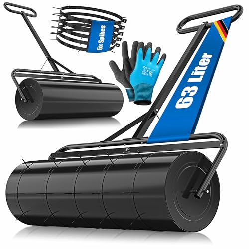 KESSER® Rasenwalze Metall befüllbar mit Wasser oder Sand mit 63 Liter Füllvolumen & 99cm breit | Gartenwalze inklusive 5X Spikes & Handschuhe | Handwalze Rasenroller Ackerwalze Walze in Schwarz