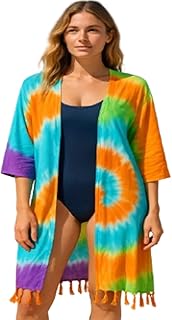 Cigain Summer Tie-Dye Beach Cover Up, Beach Wear Rayon Shrug Tassel Hem