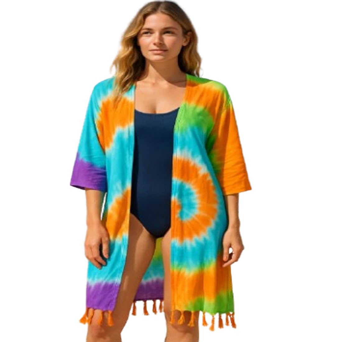 cigain Summer Tie-Dye Beach Cover Up, Beach Wear Rayon Shrug Tassel Hem-picture-26