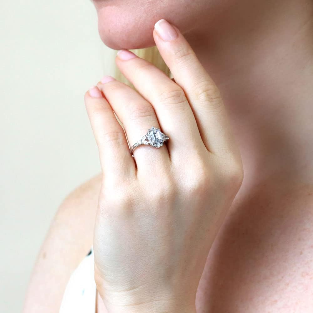 BERRICLE Sterling Silver Halo Art Deco Wedding Engagement Promise Rings for Her, Step Emerald Cut Cubic Zirconia CZ Ring
