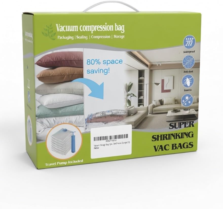 Vacuum Storage Bags Space Saver Set with Hand Pump, Multiple Sizes, Reusable Compression Bags for Travel and Home Storage (10)