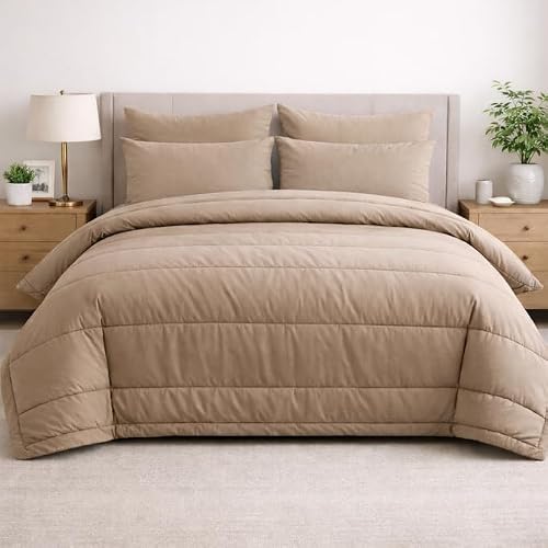 Comforter 5 Piece Set Plain (Stone, King XL)