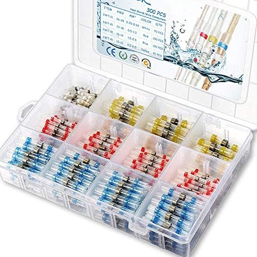 300PCS Solder Seal Wire Connectors, Camtek Heat Shrink Butt Connectors Terminals Electrical Wire Connectors Insulated Waterproof Marine Automotive Copper Connectors Kits