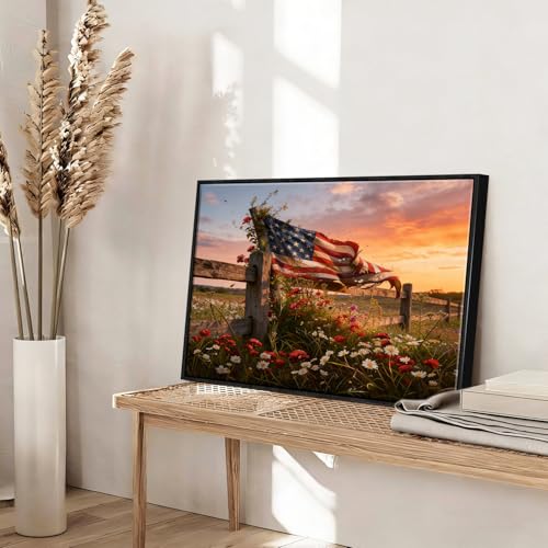Image of American Flag Framed Canvas Wall Art, 4th of July Floral Canvas Prints, Wildflower Meadow Landscape Patriotic Decorations, Vintage Rustic Independence Day Wall Decor for Bedroom Living Room 20x24