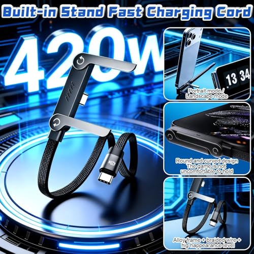 Ruichi 2 in 1 Ladekabel mit Ständer, Multi-Ladekabel mit Typ-C-Ständer, 240 W für Geflochtenes Ladekabel, Schnellladekabel mit Integriertem Handy-Ständer für Gaming, Büro und Reisen