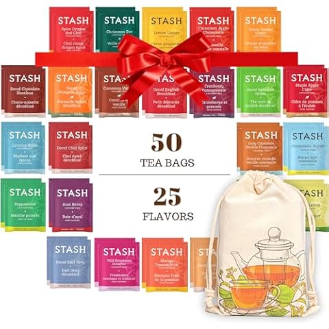 Stash Herbal and Decaf Tea Bags - Caffeine-Free Sampler Variety Pack - 25 Flavors, 50 Count - Cotton Pouch Cover