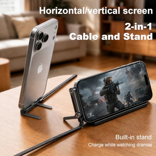 2 Pack USB C to C/Lightning Invisible Holder Charger Cable, 240W 90° Right Angle Fast Charging Cable & Phone Holder 2-in-1, Sideways Flat Phone Charger with Stand for iPhone 17/16/15/14/13/Android - Image 2