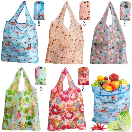 Roellgs 5 Pcs Foldable Shopping Bags with Hook Washable Reusable Grocery Tote Bags Foldable In a Pouch for Daily Shopping Groceries Travel & Storage (Light Series)