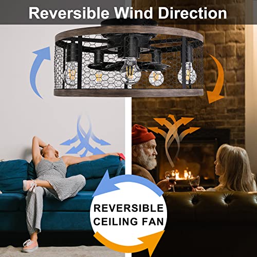 Ohniyou 20'' Flush Mount Caged Ceiling Fan with Lights Remote Control, Farmhouse Rustic Low Profile Small Vintage Enclosed Ceiling Fan Lighting Fixture Bedroom Dining Room - Image 3