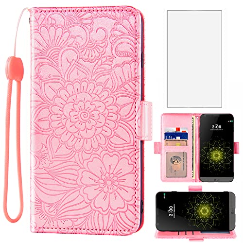 Compatible with LG G5 Wallet Case and Tempered Glass Screen Protector Card Holder Stand Credit ID Slot Magnetic Leather Flip Cell Accessories Phone Cover for LGG5 SE LG5 G 5 5G Women Men Rose Gold