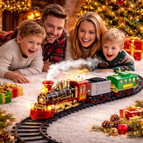 Image of Choo-Choo Electric Train Toy for Kids | Rechargeable Engine with Passenger & Cargo Coaches | Smoke, Sound & Light Effects | Railway Track Gift Set for Boys & Girls