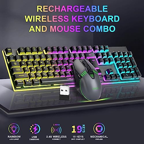 Gaming Wireless Keyboard and Mouse Combo,Rechargeable LED Rainbow Backlit,Mechanical Feel Anti-ghosting with Side Button for Computer PC Laptop Compatible with Windows Mac Ps4/Ps5 Xbox one