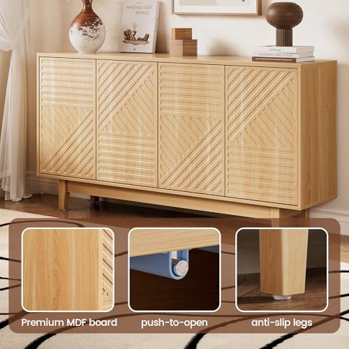 Fluted Sideboard Buffet Cabinet with Storage, Modern 60 inches Sideboard with 4 Doors, Large Wood Buffet Storage Cabinet Credenza, Console Table for Kitchen, Dining, Living Room, Entryway, Natural Oak - Image 6