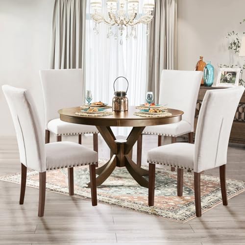 Image of Set of 4 Beige Upholstered Dining Chairs, Farmhouse Kitchen Chairs with High Back Support, Solid Rubberwood Legs, Comfortable Padded Seat, Bronze Nailhead Trim, Dining Room Chairs for Family Meals