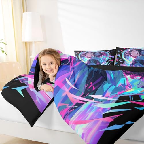 Image of Erosebridal 3D Anime Girl Bedding Comforter Sets American Street Culture Comforter Set Full for Teens Youth Girls Watercolor Graffiti Style Bedding Galaxy Stars Print Duvet Set with 2 Pillow Cases