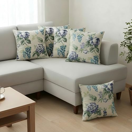 Image of Clasiko Cotton Cushion Covers 12x12 - Set of 5 Decorative Cushion Covers, Blue Bloom, Soft Cotton, Hidden Zip, Sofa & Bedroom Decor