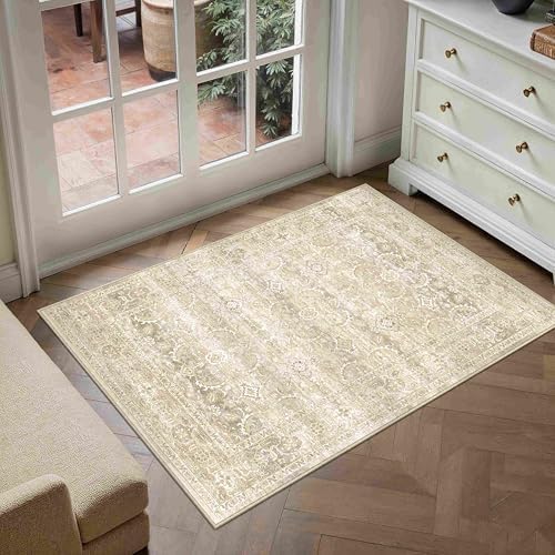2x3 Washable Area Rug Beige Small Entryway Rug Soft Non Slip Vintage Floral Distressed Carpet Low Pile Pet Friendly for Bathroom Kitchen Hallway Porch Foyer
