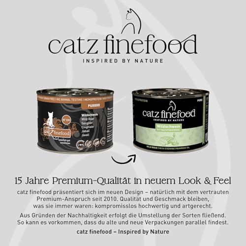 catz finefood Purrrr Wildschwein Monoprotein Katzenfutter nass N° 109, für ernährungssensible Katzen, 70% Fleischanteil, 6 x 200g Dose