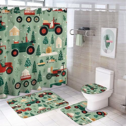 4 Piece Bathroom Rug Set with Shower Curtain Farm Tractor Christmas Non-Slip Rugs and Toilet Mat Lid Rug Accessories Kids Cartoon Car Bathroom Decor Set with Accessories for Bathtub Decor