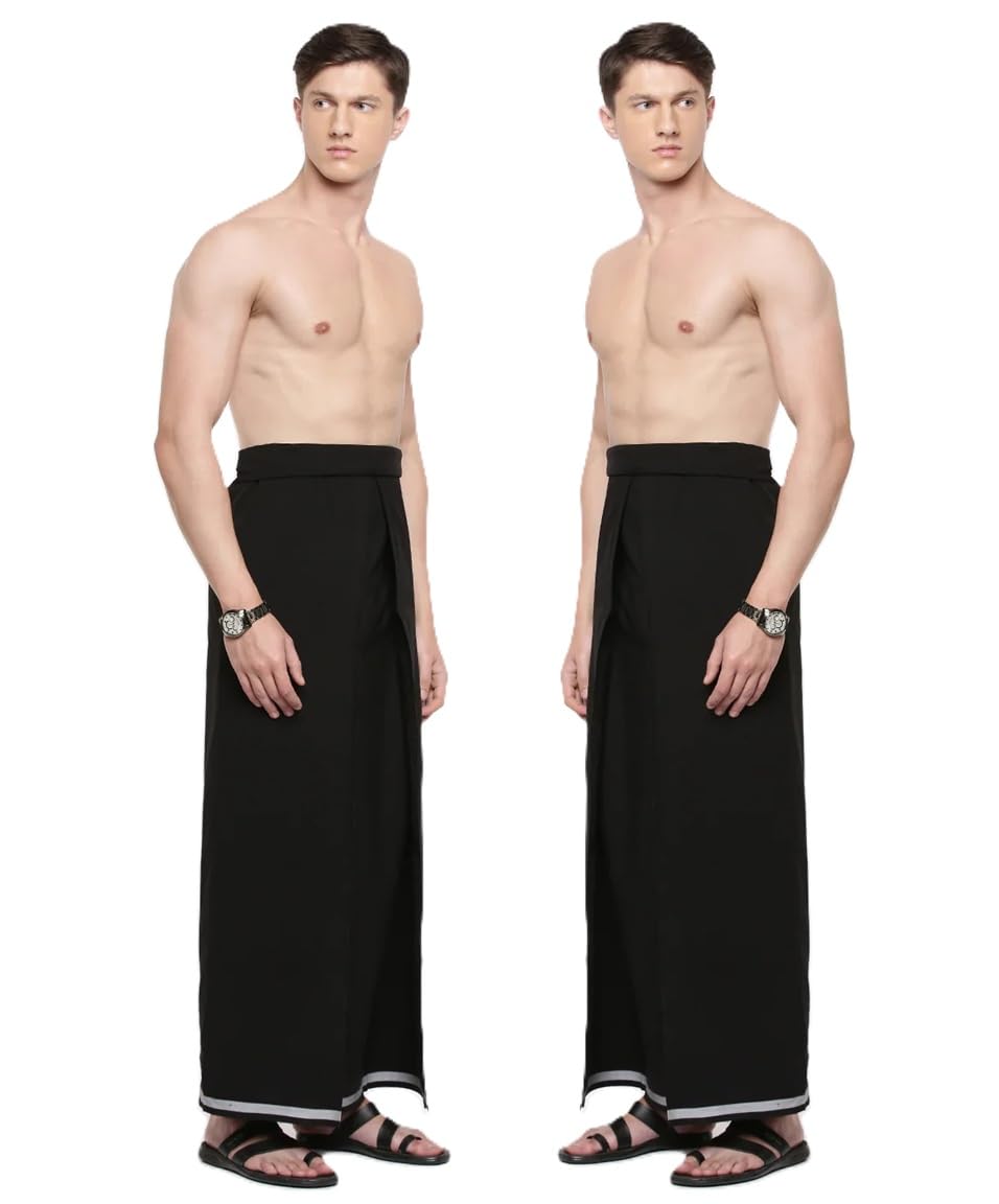 nandu Brand Men's Cotton Plain Black Stitched Lungi - Pack of 2# Free Size # 2.20Mtr # Ready to Wear # Only Black Lungi #-picture-19