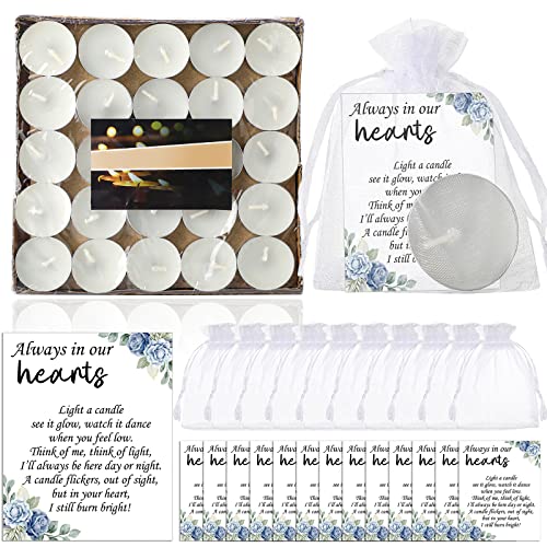 50 Set Funeral Party Favors Memorial White Candles Unscented Funeral Gifts Tealight Candles with Condolence Bereavement Cards and Organza Bags for Guest Celebration of Life Decorations (Elegant)