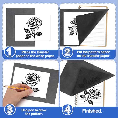 VFANDV 150pcs Blatt Pauspapier A4, Kohlepapier Schwarz Durchschlagpapier mit 5 Stück Prgestift Set A4 Abpauspapier Transferpapier Graphitpapier Pauspapier für Holz Papier Leinwand Tattoo