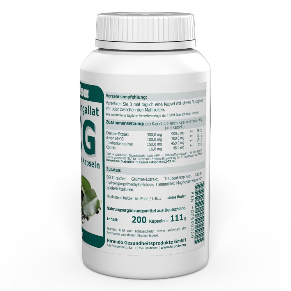 EGCG 100 mg Grüntee Extrakt plus pro Kapsel 200 Stk zur Versorgung mit Grüntee-Catechinen und Polyphenolen aus Traubenkernen
