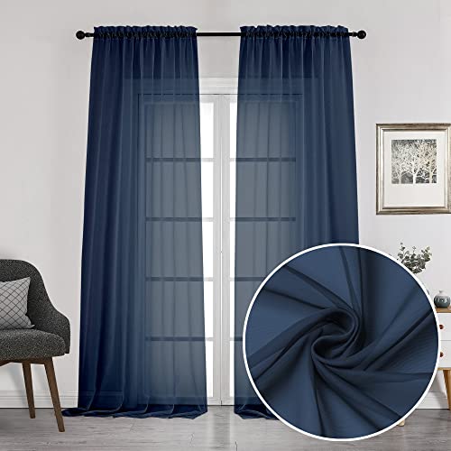 Image of Chyhomenyc Sheer Window Curtains 108 inch Length 2 Panels Set, Airy Soft-Touching Rod Pocket Voile Drapes Backdrops Scarves for Living Room /Bedroom /Hotel /Patio, Each 42 W x 108 L, Navy Blue