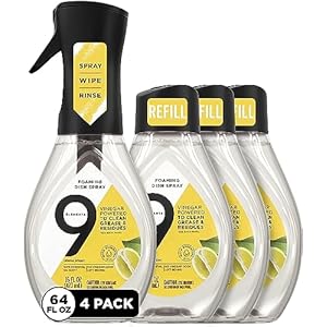 9 Elements Natural Dish Soap, Dishwashing Liquid with Lemon Essential Oils, Made with the Power of Vinegar, 1 Dish Spray Starter Kit & 3 Refills (64 oz Total)