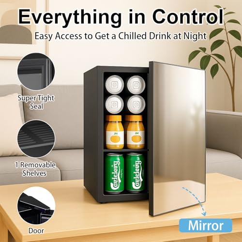 Image of DOGHLY 0.9 Cu.Ft Mini Refrigerator and Beauty Fridge, 24 Cans Mini Fridge with Mirror Door, Temperature Control, Removable Shelf, Compact Cooler for Bedroom, Dorm, Office, Beverage Beauty Storage