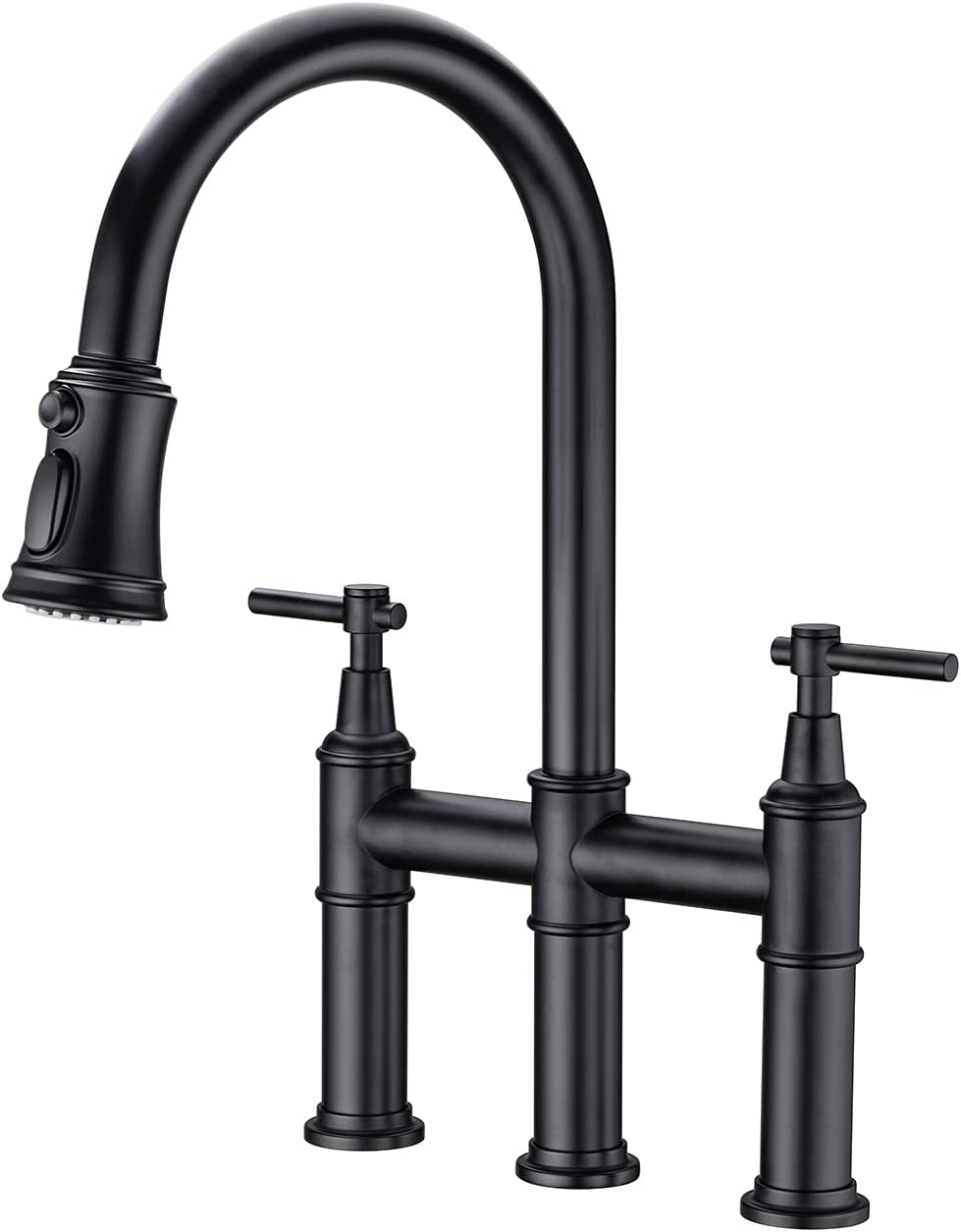 WELLFOR Bridge Kitchen Faucet, Three Hole Bridge Faucet with Pull-Down Sprayhead, Solid Brass Double Handle Kitchen Sink Faucet Matte Black