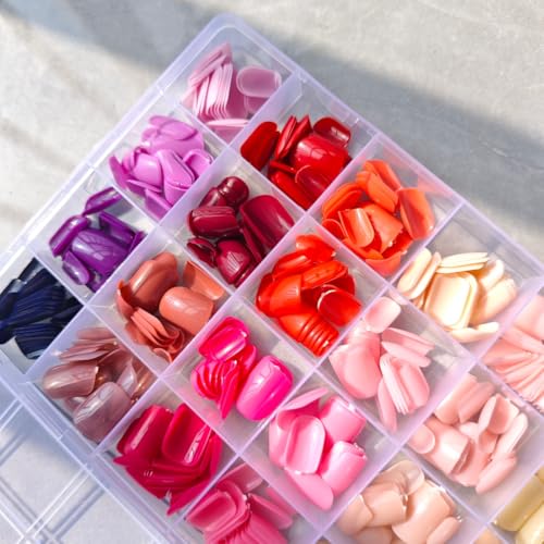Image of 576Pcs Short Square Press on Nails Solid Color Fake Nails 24 color Wine Red Pink Nude Glossy Full Cover Stick on Nails for Women Manicure