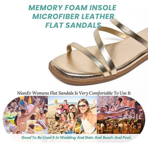 Image of NianEr Womens Microfiber Leather Memory Foam H Sandals Summer Shoes Slides | Flat, Comfortable, Slip On, Dressy, Dress, Beach, Vacation, Designer, Comfy, Casual, Bridal, Church, Boho, Office, Work