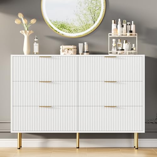GarveeHome 6 Drawers Dresser for Bedroom, Fluted Dresser Chest of Drawers with Handle, Wood Modern Dressers for Closet, Bedroom Furniture Storage Organizer for Living Room, Hallway