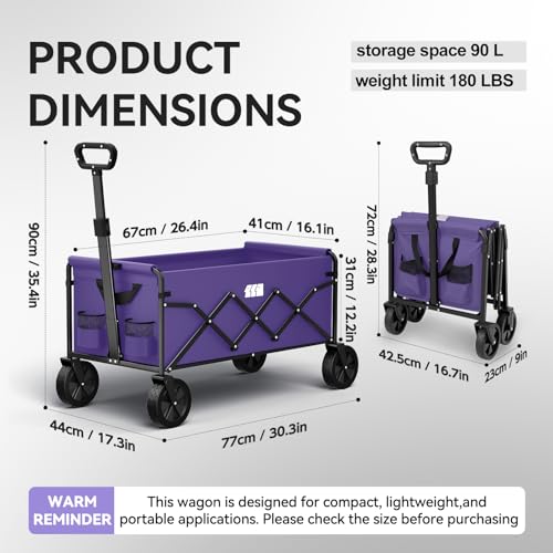 Collapsible Foldable Wagon, Foldig Cart with Wheel Heavy Duty with 180lbs Weight Capacity Lightweight Utility Camping Wagon for Groceries Garden Beach Sports Fishing (Purple)