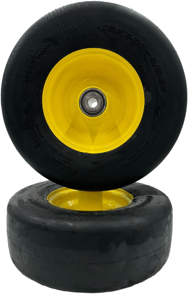 Set of 2-13x5.00-6 Flat Free Yellow Lawn Mower Wheel Assembly - 5/8 Inch Hub