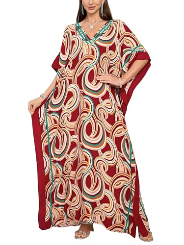 Image of KECVOT Kaftan Dresses for Women V-Neck Print Swimsuit Cover Up Plus Size Beach Caftan Lounge Dress