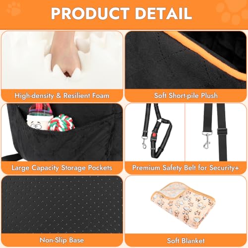 Vivifying Hundeautositz, Memory-Schaum, Hundebett für kleine Hunde unter 11kg, Abnehmbarer Hunde-Sitz, Auto-Hundesitz für Vorder- und Rücksitze, Höhenerhöht, mit Aufbewahrungstaschen (Schwarz)