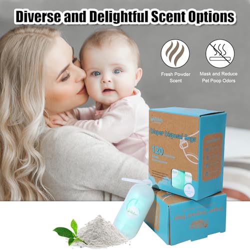 Image of USBOO Scented Disposable Diaper Bags, 8 Rolls / 120 Bags, Blue | Leak-Proof Biodegradable Diaper Bags with Dispenser, Ideal for Home & On-the-Go, Soiled Diapers & Pet Waste, Fresh Scent